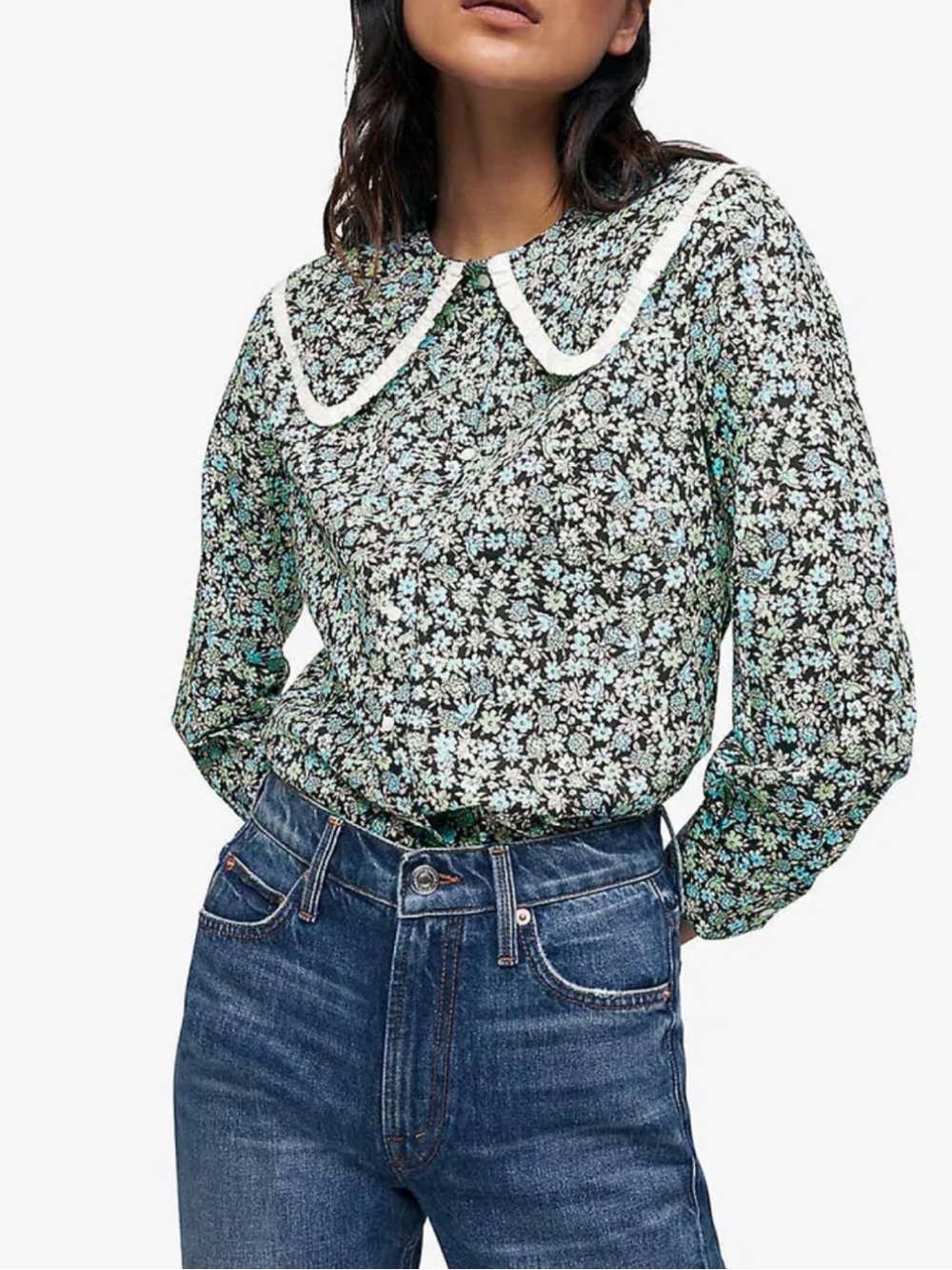 Maje Black and Green Floral Peter Pan Collar Blouse